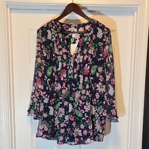 Charter Club, Navy Floral Print Blouse, Size XL